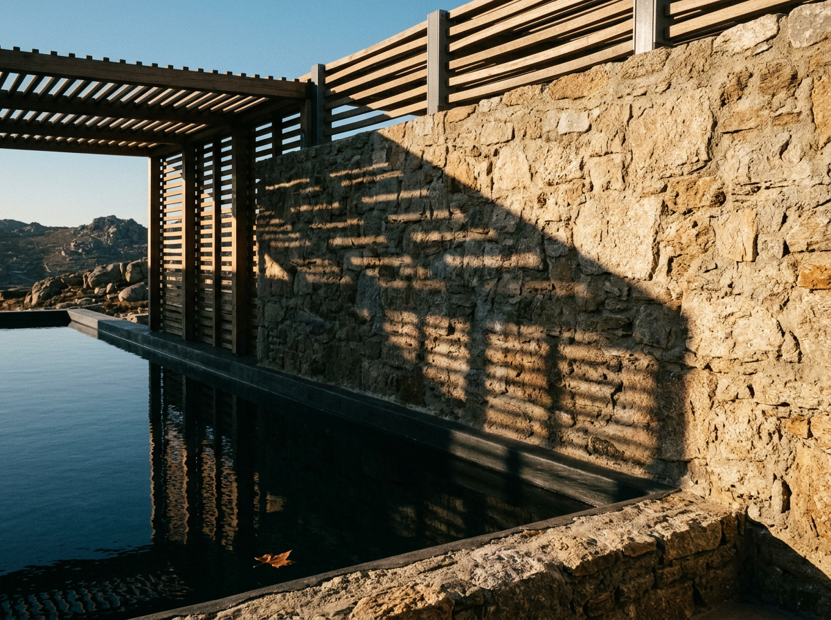 Still infinity pool edge meeting warm limestone at dusk