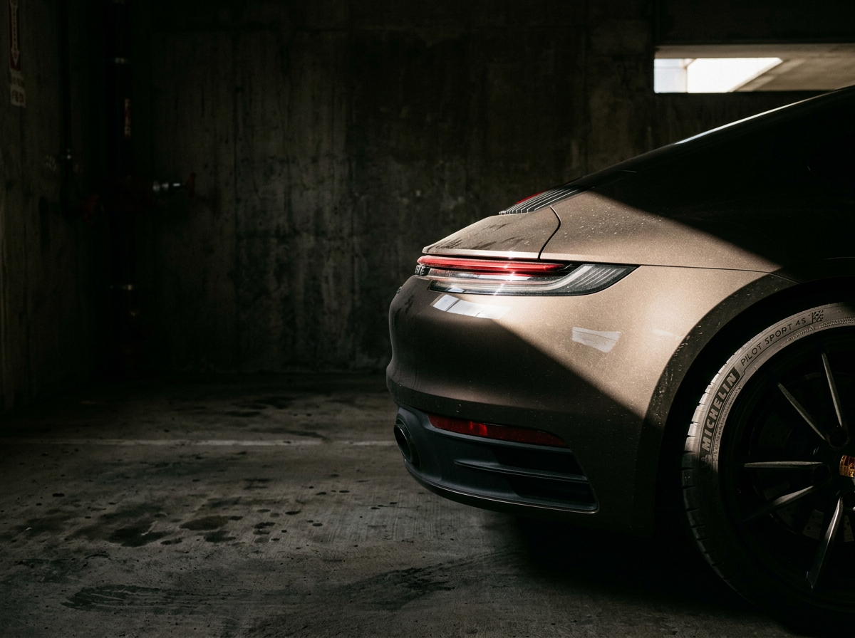 Warm side light tracing the curved rear haunch of a bronze sports car