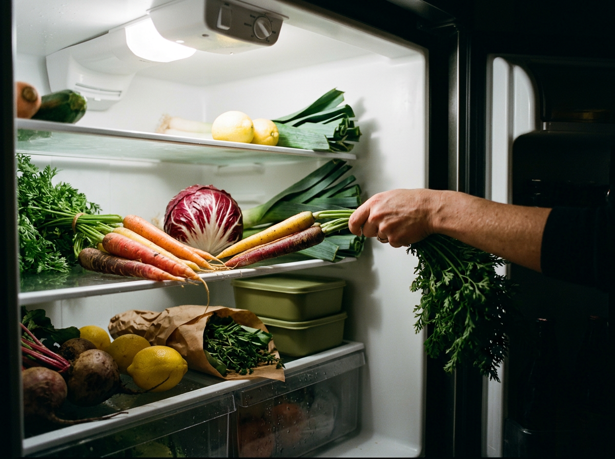 A hand reaching for a single olive-green meal container on a fridge shelf
