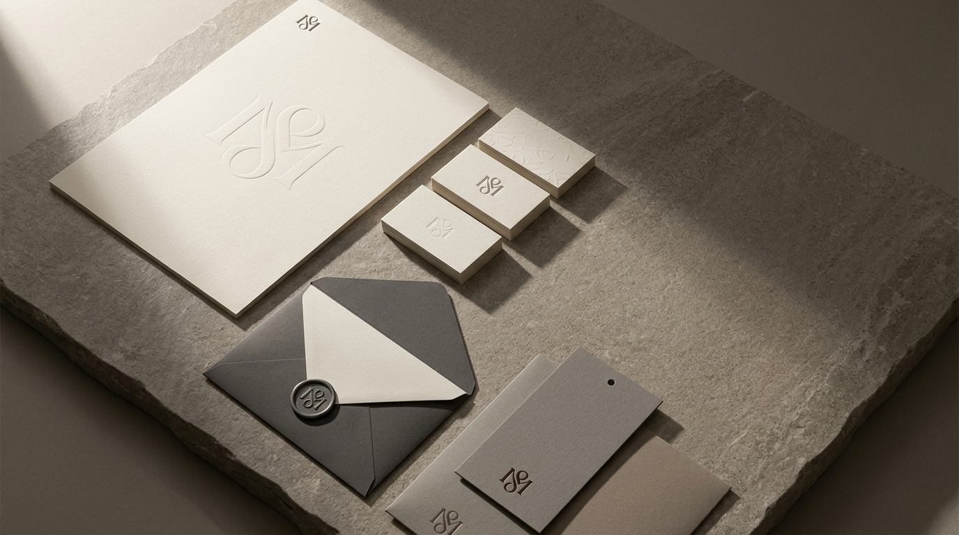 Brand identity system with embossed cards, letterhead and a monogram seal on stone