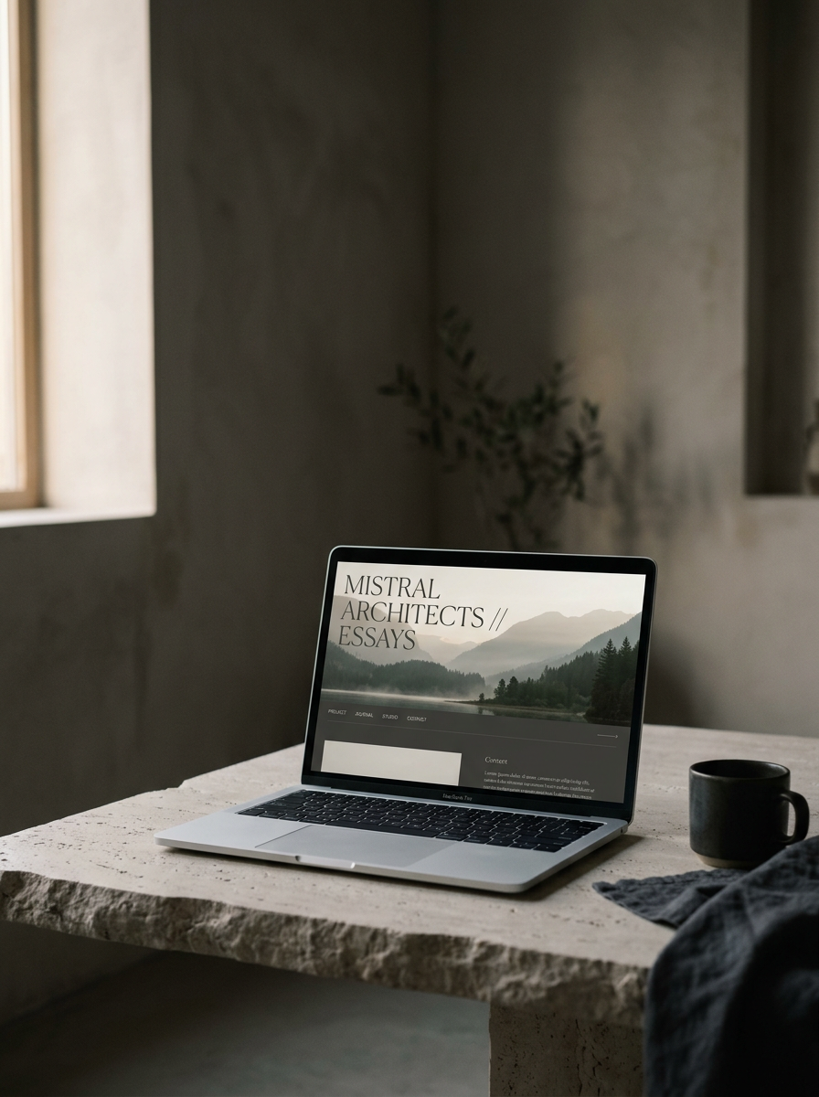 Laptop displaying an editorial website with a full-bleed landscape image