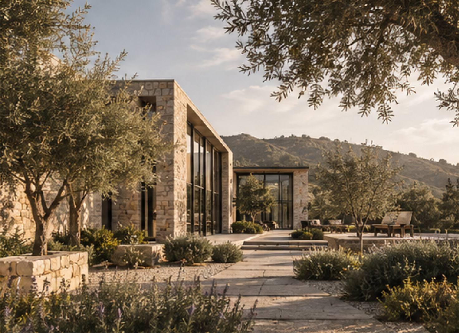 Stone residence surrounded by olive trees and lavender at golden hour
